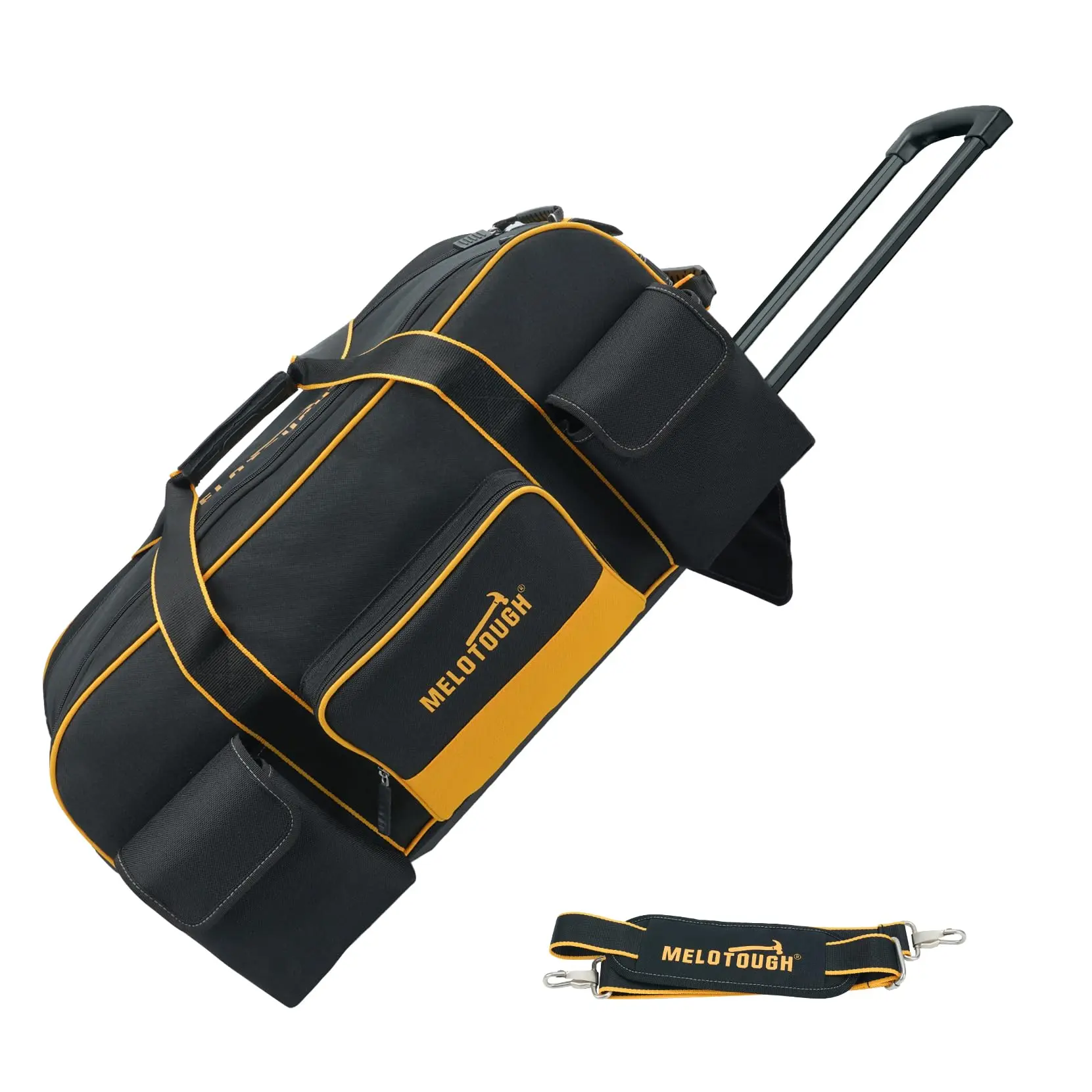 MELOTOUGH Rolling Portable Tool Storage Bag with Wheels, Large Capacity Organizer with Concealed Telescoping Handle, Convenient Pockets, Double Zipper, Side Handle, Pouch for Electrician-HVAC Professionals (Yellow/Black), Convenient Tool Pockets, Portable