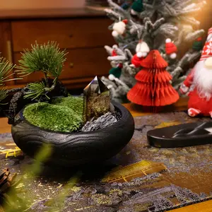 MossZen Pine Cloud Zen Décor Set- Bonsai Arangement, Citrine & BlackToumaline Crystals, Dehua Ceramic IncenseHolder, Nishijin Silk Mat - Meditation 8Healing Gift Set
