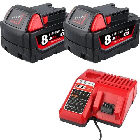 2Pack Backup 18V 8.0Ah Lithium High Capacity Battery & Charger Combo, 18V Toolready Replacement for Milwaukee M-18 48-11 Series Models, 8Ah Pack for Longer Jobs High Capacity Battery Cordless Tool Accessories