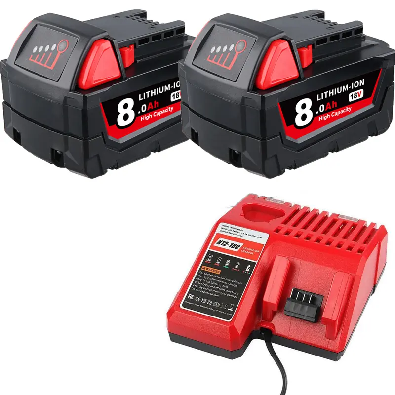 2Pack Backup 18V 8.0Ah Lithium High Capacity Battery & Charger Combo, 18V Toolready Replacement for Milwaukee M-18 48-11 Series Models, 8Ah Pack for Longer Jobs High Capacity Battery Cordless Tool Accessories