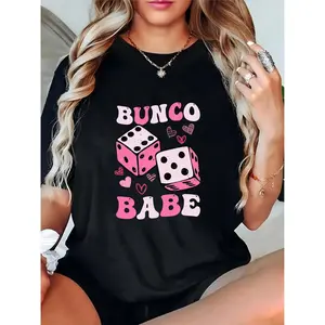 Women's BUNCO BABE T - Shirt with Pink Dice & Hearts, Casual Game Night Party Top for Bunco Players & Female Game Enthusiasts 100% Cotton T-shirt