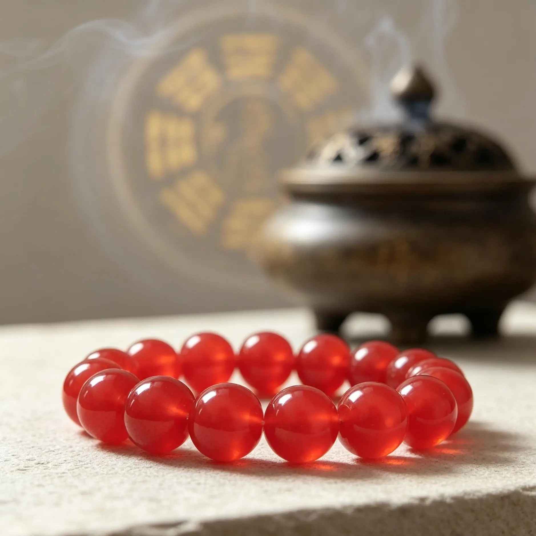 Taoist Lucky Red Round Bead Bracelet, Clear Turbid Qi, Get Rid of Low Vibe, Protect Safety
