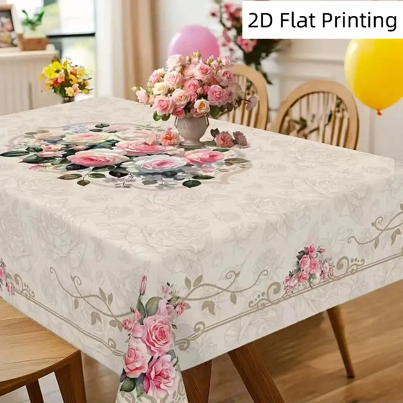Vintage Polyester Rectangle Farmhouse Floral Art Table Covers - Elegant Touch Festive Home Kitchen Accessory, Valentine’s Decor, Alcohol-Free Gift for Family-Friends That Adds a Touch of Elegance