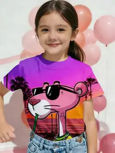 Sunset Beach Pink Panther Girls Short Sleeve, Gradient Purple-Pink Atmosphere Top, Funny Graphic Tee
