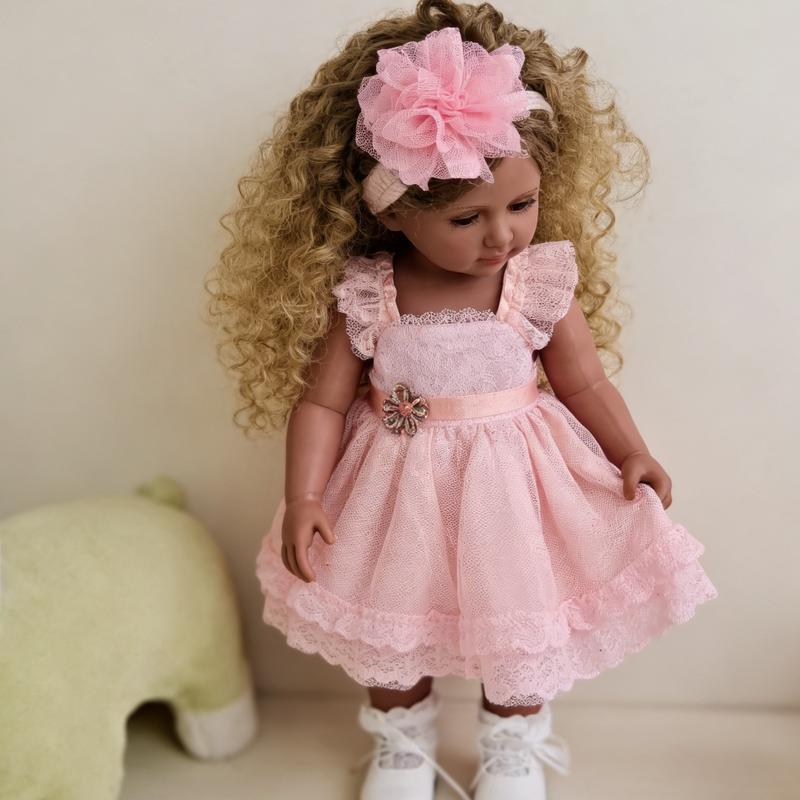 22 Inch Lifelike Dark Brown Skin African American Reborn Baby Dolls with Pink Dress Curly Hair Realistic Newborn Silicone Doll for Kids Women Xmas Birthday Gifts Durable Features