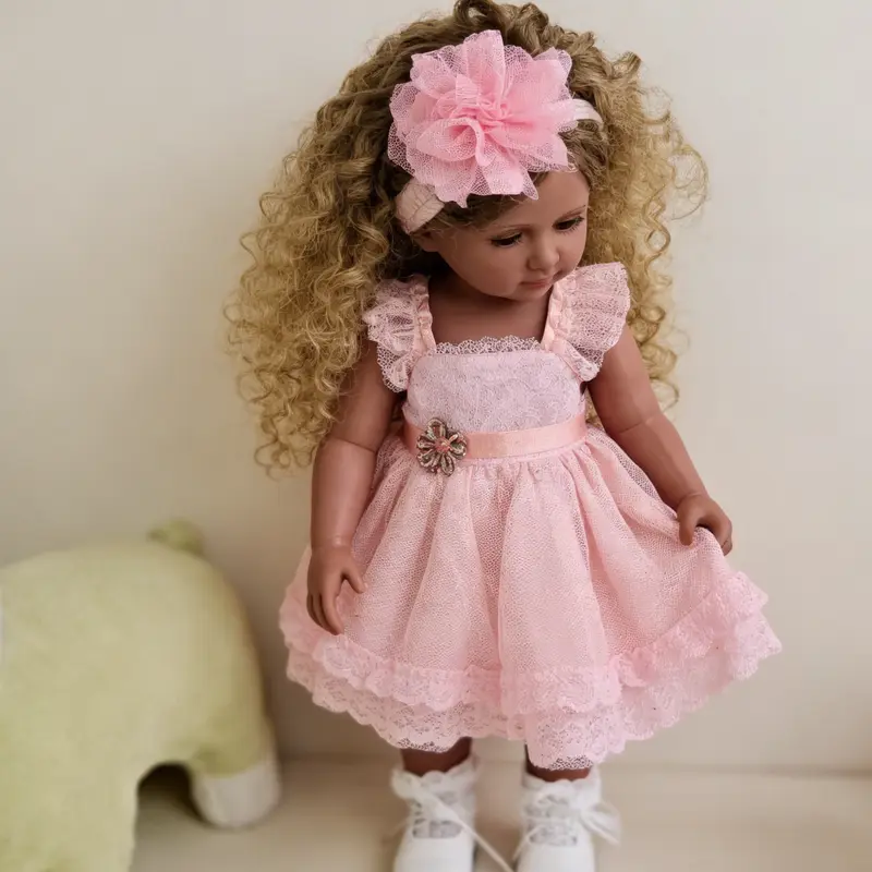 22 Inch Lifelike Dark Brown Skin African American Reborn Baby Dolls with Pink Dress Curly Hair Realistic Newborn Silicone Doll for Kids Women Xmas Birthday Gifts Durable Features