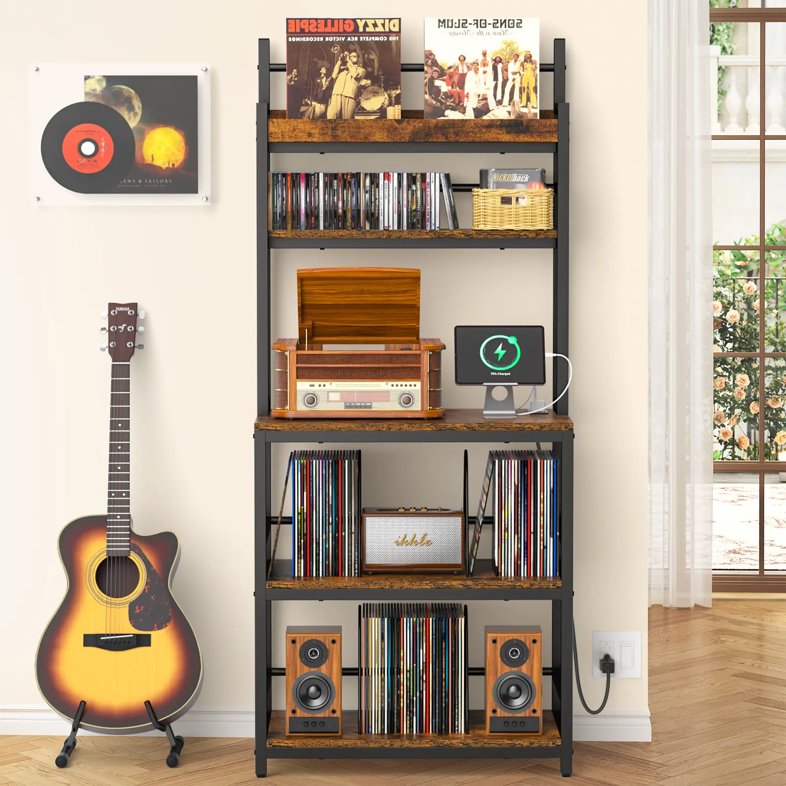 Large Record Player Stand with Vinyl Storage Shelf, 5-Tier Record Player Table Holds Up 500+ Albums, Turntable Stand with Charging Station & CD/DVD Rack, Vinyl Record Storage for Living Room, Bedroom