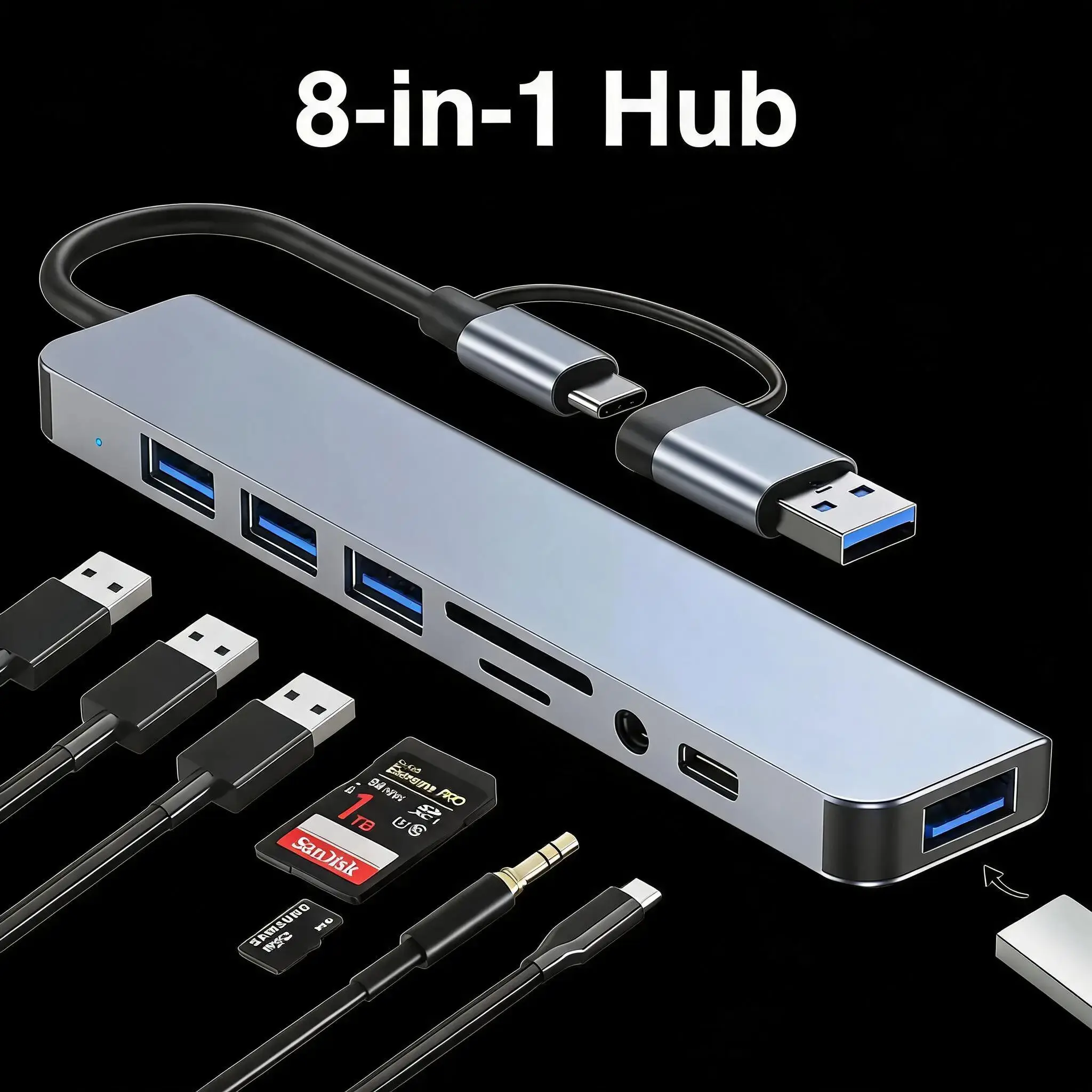 8-in-1 USB C Hub Multiport Docking Station, Optional Basic/Advanced Version, 4K HDMI, 100Mbps Ethernet, 100W PD Charging, USB 3.0/2.0, SD TF Card Reader, 3.5mm Audio Jack Portable Type-C Adapter for MacBook Windows Laptop