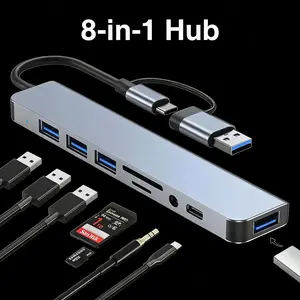 8-in-1 USB C Hub Multiport Docking Station, Optional Basic/Advanced Version, 4K HDMI, 100Mbps Ethernet, 100W PD Charging, USB 3.0/2.0, SD TF Card Reader, 3.5mm Audio Jack Portable Type-C Adapter for MacBook Windows Laptop