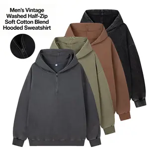 Men’s vintage washed half-zip loose hoodie sweatshirt, soft relaxed quarter-zip athletic top, classic street-style base layer suitable for everyday wear, sports, and travel outfits. hoodie vert and ash