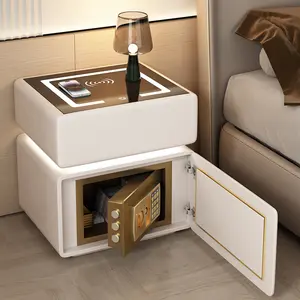 Light Luxury Solid Wood Bedroom Nightstand, Leather Finish Floor-Standing Design, No Installation Required, Includes Safe — Drawer + Wireless Charging + Integrated Night Light