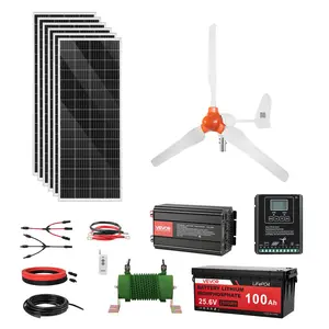 VEVOR 24V 1000W Solar Wind Power Kit, 6*100W Solar Panel+ 400W Wind Turbine+ 25.6V 100Ah LiFePO4 Battery+ 3000W Power Inverter+ MPPT Wind/Solar Hybrid Controller for Home Boat Cabin Farm Off-Grid