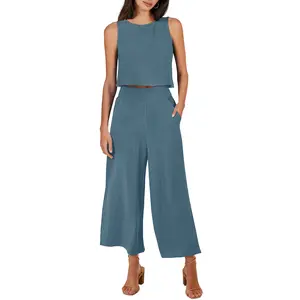 ANRABESS Women's Summer 2 Piece Outfits Sleeveless Crop Top Capri Wide Leg Pants Jumpsuit Linen Lounge Beach Travel Sets
