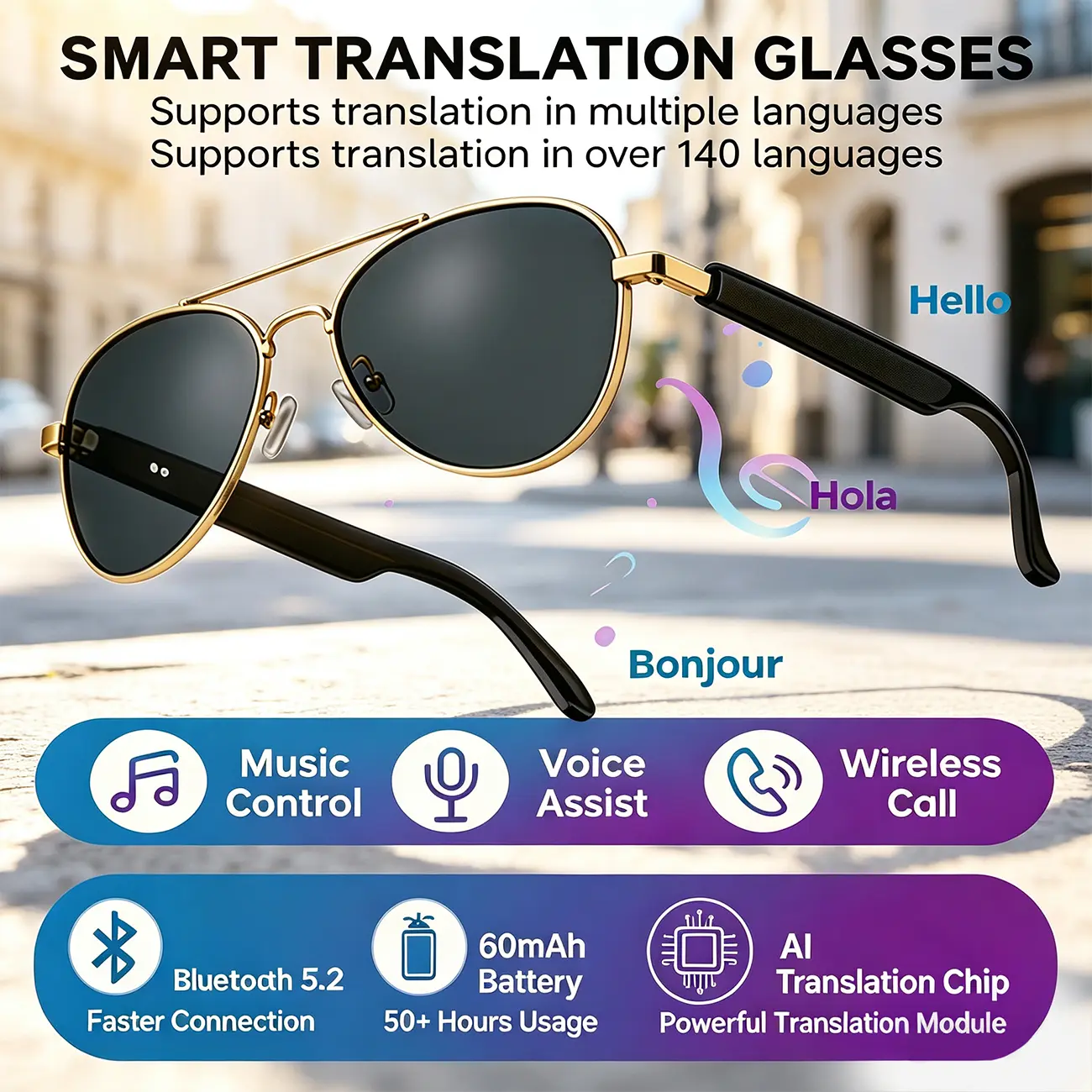 AI Smart Translation Sunglasses, Bluetooth 5.2 HiFi Audio Smart Glasses, 140+ Languages Real‑time Translation, Magnetic Charging Hands‑free Call Music Playback, Classic Aviator Metal Frame Smart Glasses for Travel Outdoor