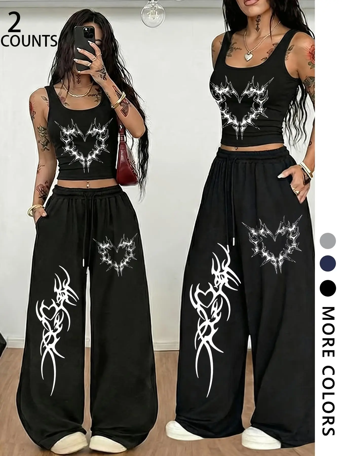 Gothic Street Style Thorn Heart Print Women's Two-Piece Set, Summer Matching Set, Short Sleeve Crop Top Camisole, Elastic Waist Adjustable Drawstring Casual Sporty Wide Leg Pants Sleeveless, Clothes Womenswear Lady Style Icon Set
