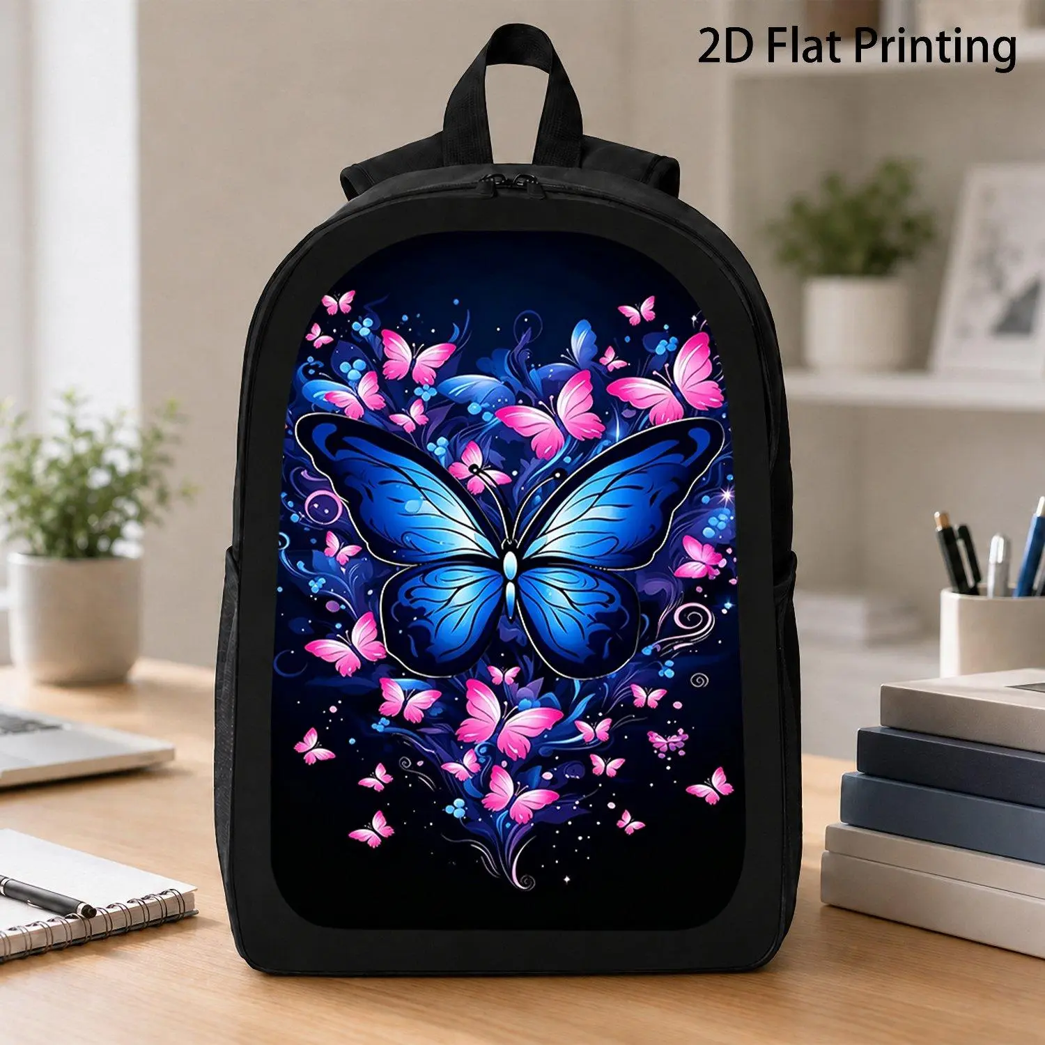 1pc Backpack Printed with Blue Big Butterfly And Pink Small Butterflies Elegant Pattern for Daily Outdoor And School Use