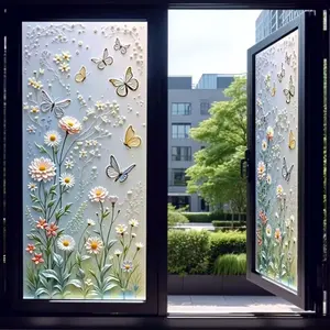 1pc Floral Flower Butterfly Print 2D Window Film, PVC Static Adhesive Glass Film, 45x100 Cm, Removable & Reusable, Privacy Protection, Easy Installation