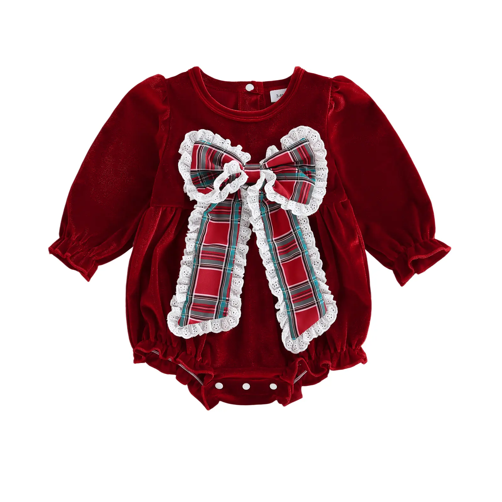 Baby Girl Christmas Velvet Romper Newborn Cute Lace Trim Gingham Big Bow Xmas Onesie Bodysuit Xmas Fall Winter Clothes