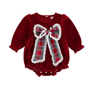 Baby Girl Christmas Velvet Romper Newborn Cute Lace Trim Gingham Big Bow Xmas Onesie Bodysuit Xmas Fall Winter Clothes