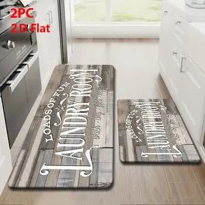 2/3pcs Soft Flannel Kitchen Mat Set, Distressed Wood Grain Base, Laundry Room Decor, Non-Slip, Absorbent, Washable Floor Mat