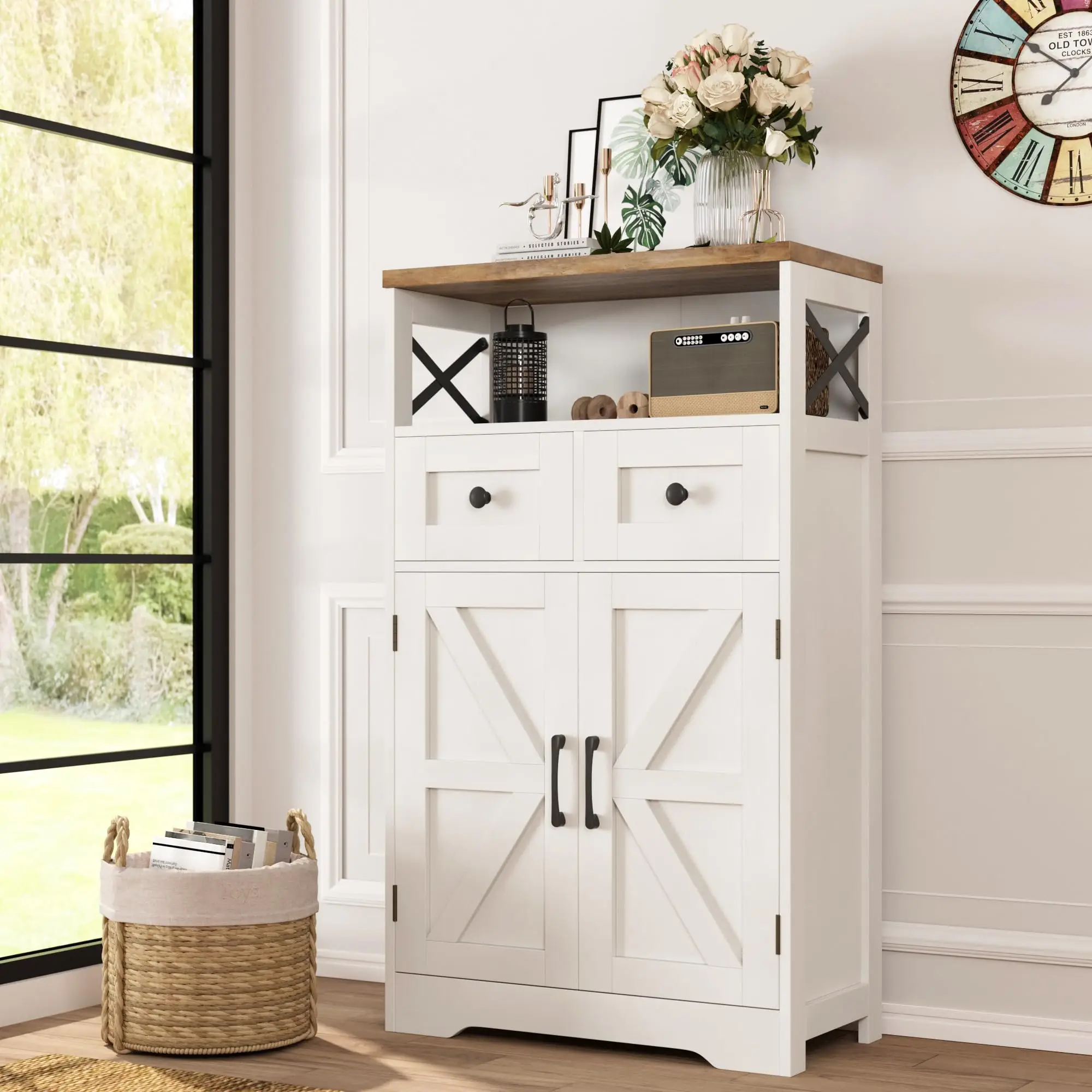 Vabches Farmhouse White Storage Cabinet with Doors and Drawers, Freestanding Kitchen Pantry Cabinet, Floor Storage Cabinet Hutch Cupboard for Kitchen/
