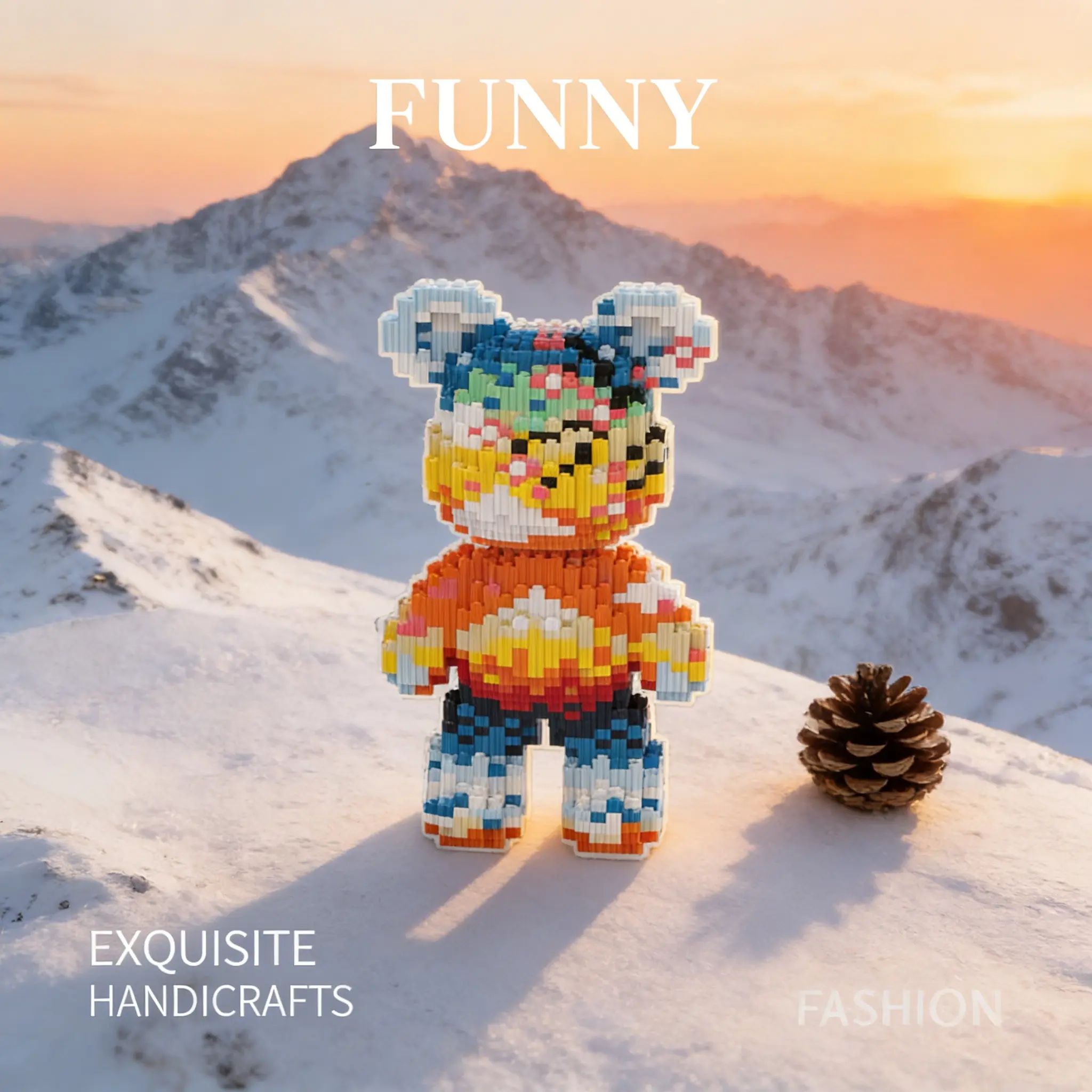 1644pcs Sunset Snow Mountain Sakura Bear Series Building Blocks, Creative Assembly Toy, Handmade DIY Decorative Craft, Home Living Room Decoration