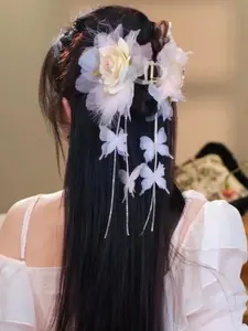 Butterfly Flower Fringe Feather Hair Clip, Handmade Soft Fluffy Hair Accessory, Casual Floral Hair Pin for Daily, Butterfly Clips