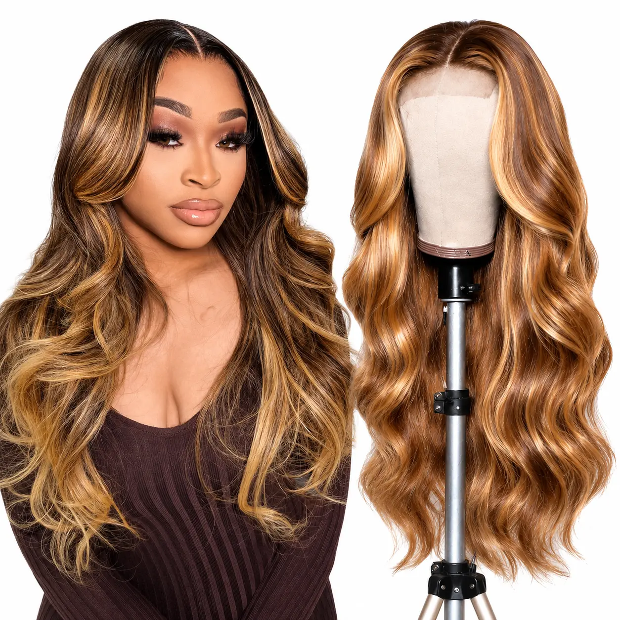 P4/27 Highlight Brown Body Wave Human Hair Wig 13x4 HD Lace Front Wig 180% Density P4/27 Color Pre Plucked with Baby Hair Sleek Smooth Finish Natural Melt Lace Wig for Women