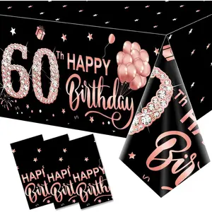 3 Pack Pink Rose Gold 60th Birthday Tablecloth Decorations Happy Sixty Theme Plastic Disposable Rectangular Table Cloth