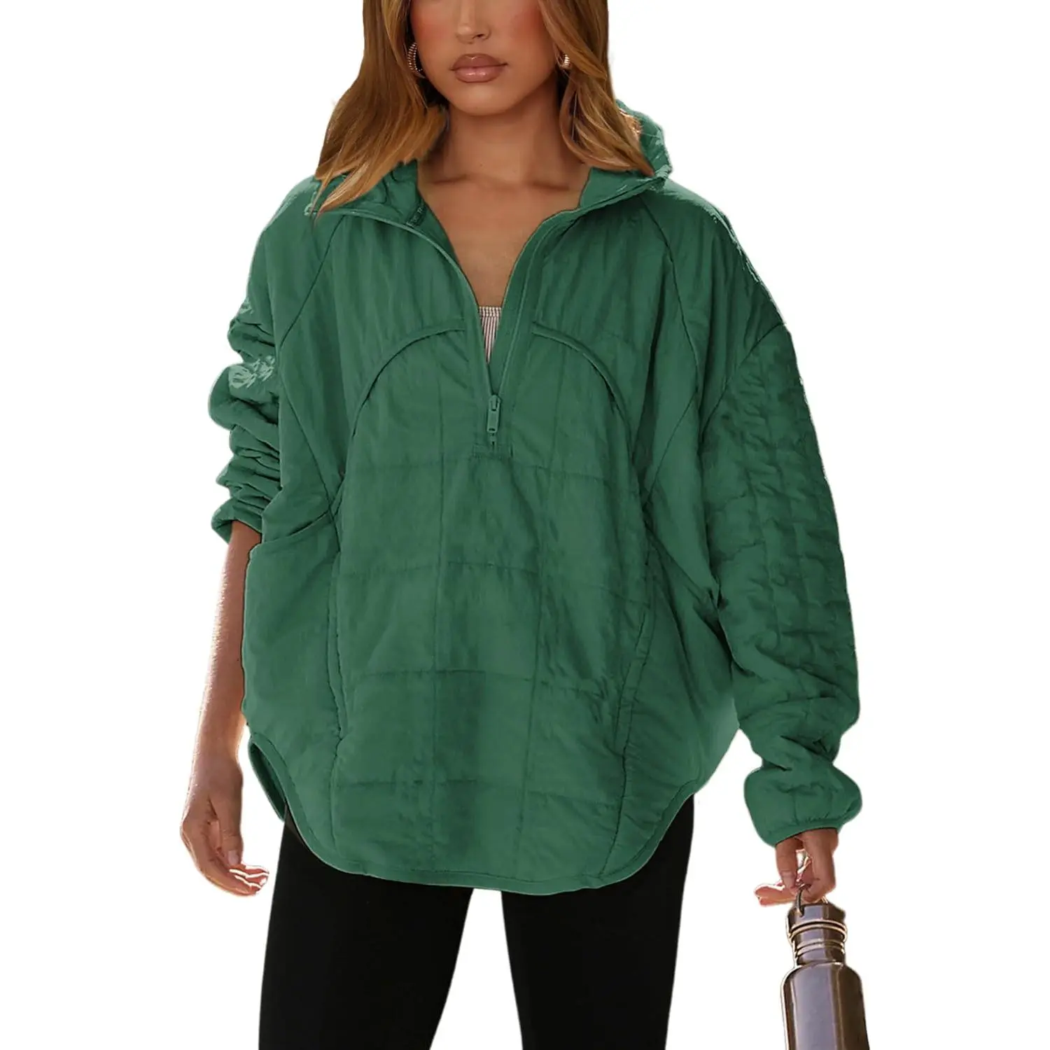 Women's Oversized Lightweight Quilted Dolman Sleeve Half-Zip Pullover Jacket, Casual Padded Outwear with 2 Side Handy Pockets, Cold Wash Compatible, Ideal for Daily Activities, Sizes XS-2XL