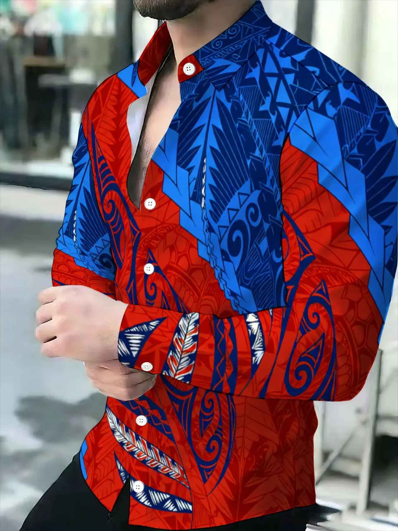 Red-Blue Tribal Totem All-Over Print Men's Polynesian Shirt