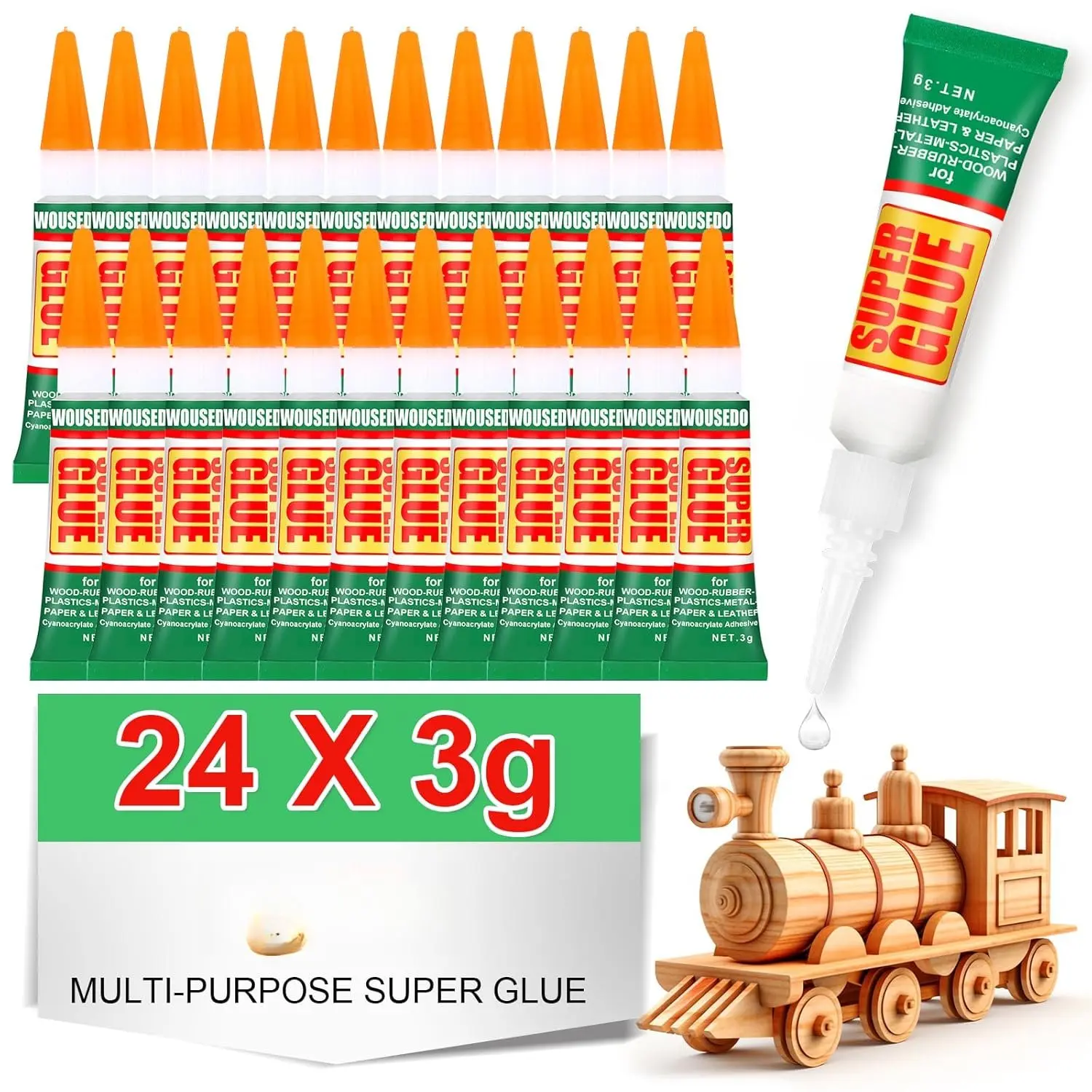 24 X 3g Super Glue Clear,  Adhesive,Super Glue Fast Drying Cyanoacrylate Glue for ,Rubber,Leather, Plastic, Metal, Rhinestone , DIY Crafts and More