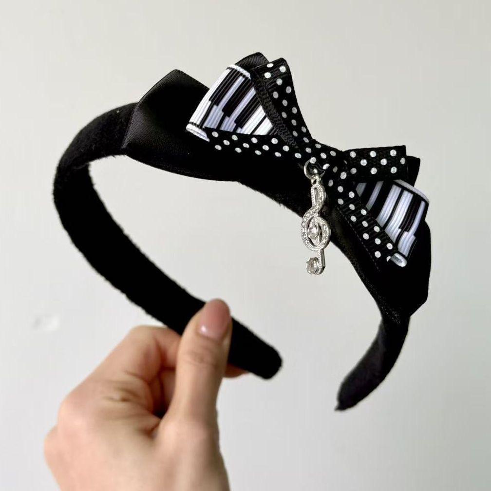 Y2K Black White Polka Dot Piano Key Bow Music Note Headband Cute Gothic Hair Accessory