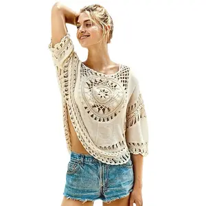 Bohemian Beach Cover Up Top - Cream Color with Elegant Knit Design and Long Sleeves, Perfect for Summer Wear