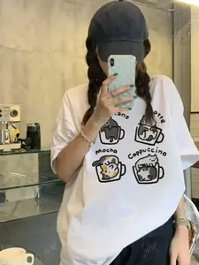 2025 New Women's Cute Design Letter & Kitty Graphic Print Round Neck Casual, Versatile Short Sleeve T-Shirt Cartoon Comfortable Plus Size Girl Shirt