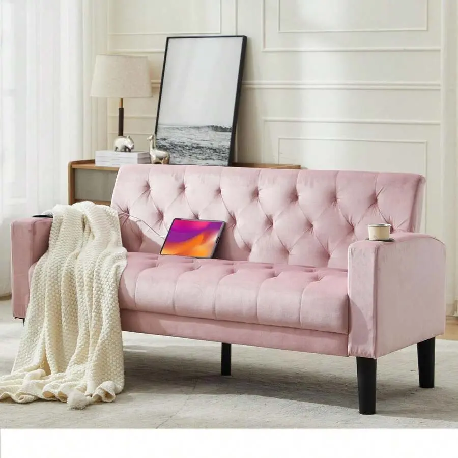 corduroy,sectional,plush,Quilted Mid-Century 62" Wide Loveseat Sofa for Living Room - Solid Wood Frame, 2 USB Charging Ports, 2 Cupholders, Living Room Sofas, Sofas Living Room