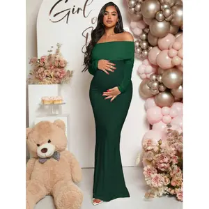 Loomaby Pregnant Women Off-Shoulder Fishtail Baby Shower Long Sleeve Dress For Maternity
