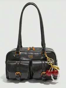 Retro simple and stylish glossy double-pocket one-shoulder underarm bag, niche texture cherry pendant fashion exquisite versatile one-shoulder messenger bag, elegant commuter bag, sweet suitable for daily commuting, shopping and dating.