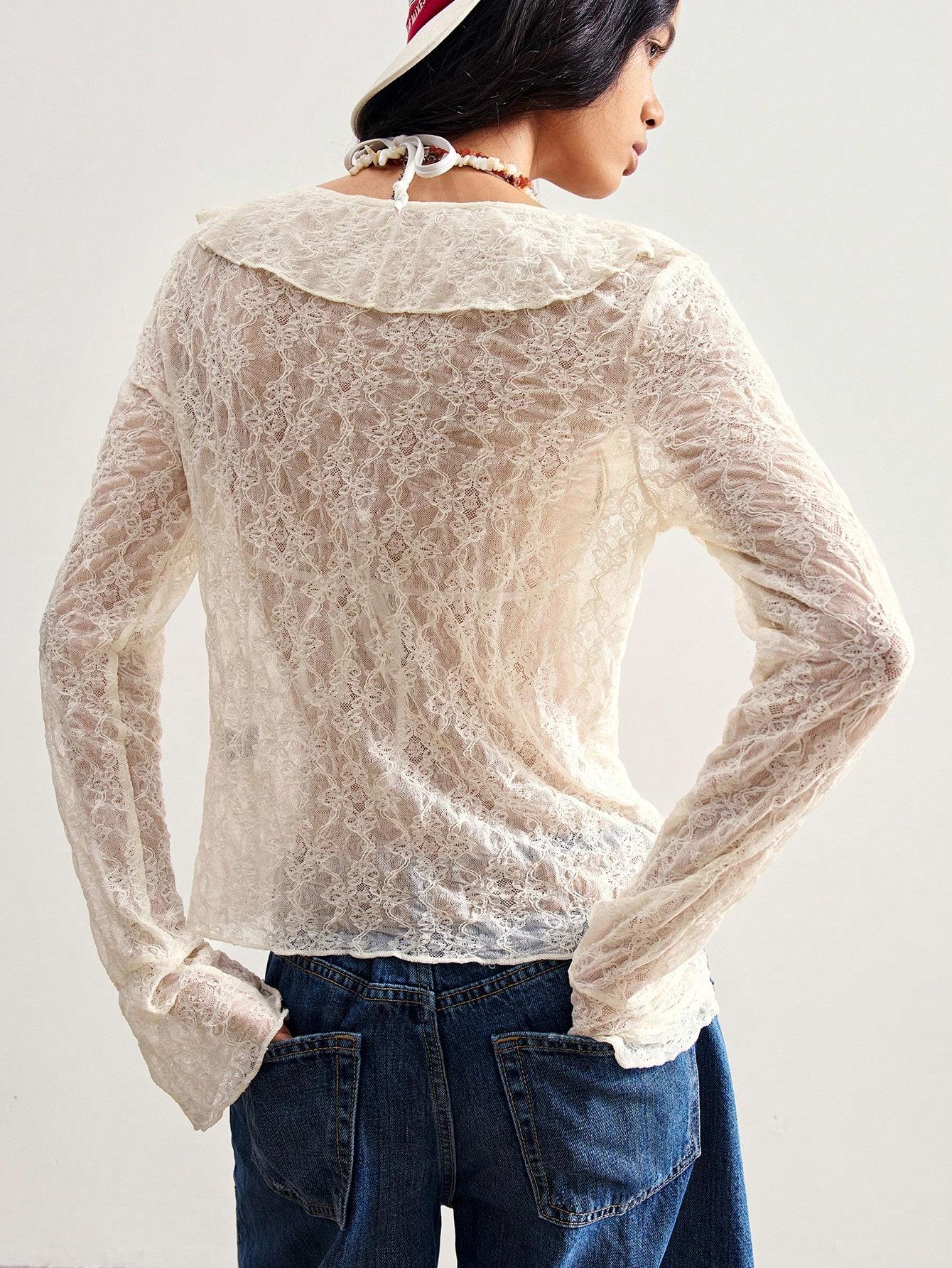 LALUZ Boho Boho Lace Knit Ruffle Trim Long Sleeve Top Solid Color Lightweight Pullover Beach Vacation Trendy Top