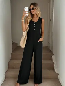 Women's Sleeveless Wide Leg Jumpsuit, Button Front Round Neck, Side Pockets, Casual Loose Fit, Daily Wear, Loungewear