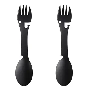 2-Pack All-in-1 Tactical Metal Spork Combo Spoon Shape Spoons - Multi-Tool Eating Utensils with Serrated Edge, Opener, Portable for Camping, Emergency Kits