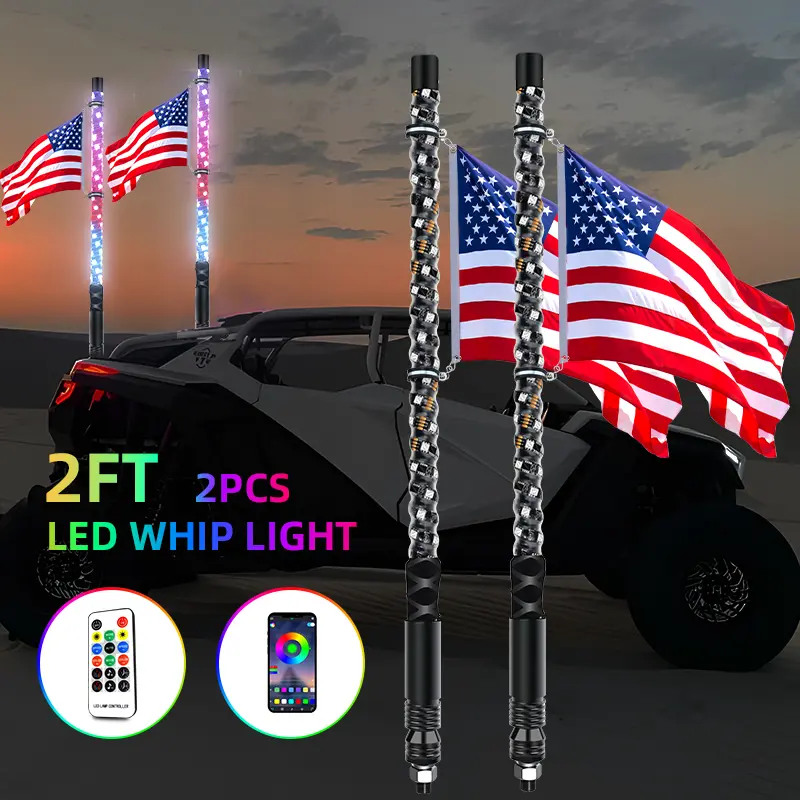 2FT LED Whip Lights with RGB Chasing Lights with APP & Remote Control, Music Antenna Whip Light for Can-Am UTV ATV RZR Can-Am SXS Polaris Offroad Truck