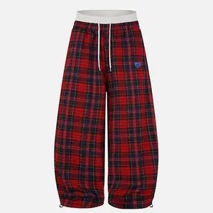 Aelfric Eden Double Waist Plaid Baggy Sweatpants High Waist Balloon Barrel Silhouette Double Waistband Design Classic Red Plaid Fabric Adjustable Ankle Drawstring Retro Streetwear Unisex Bottoms
