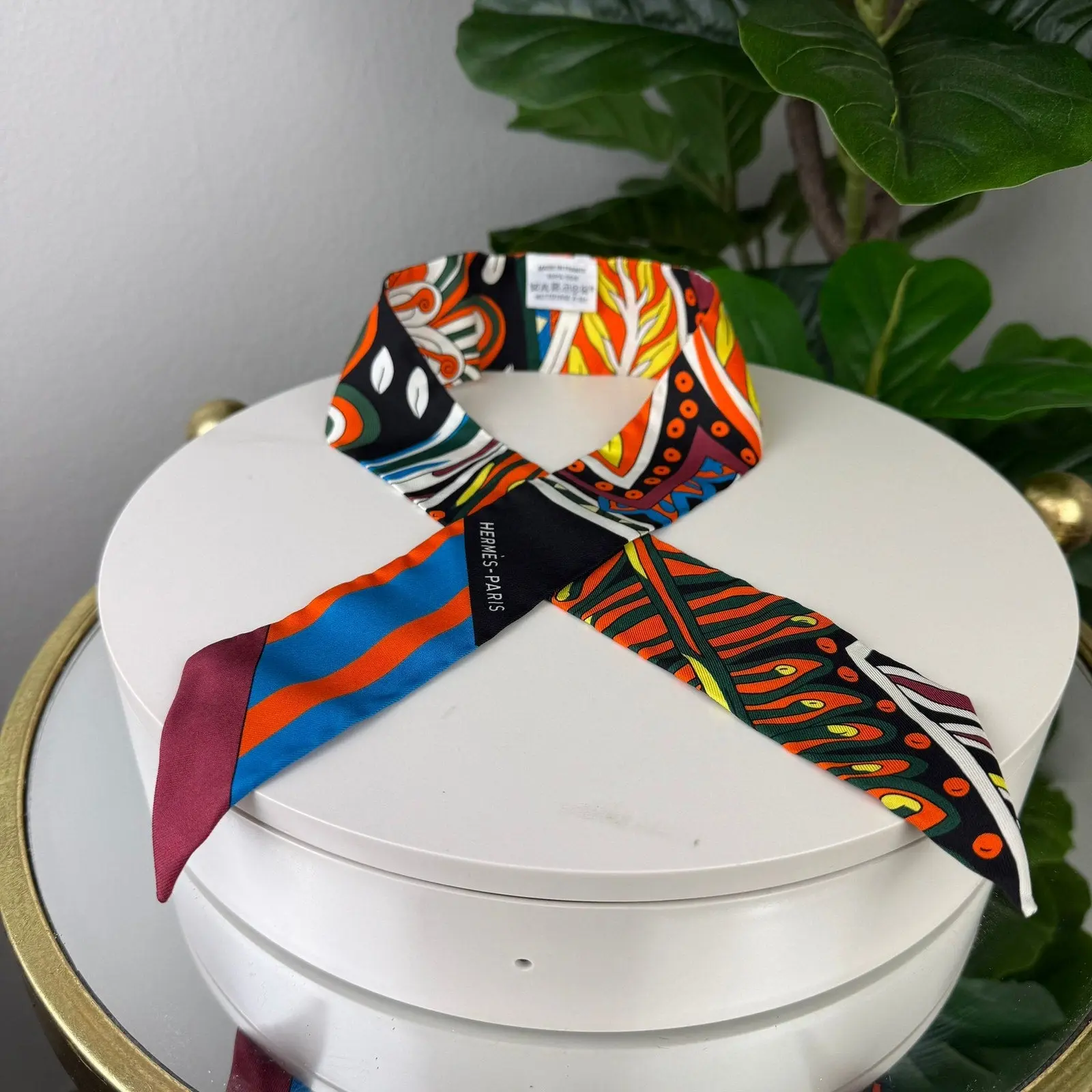 Pre-owned Authentic HERMES 100% Silk Twilly Scarf Le Jardin de la Maharani, Orange Black Women's Fashion Accessory, Excellent Exotic Elegance Gift for Women