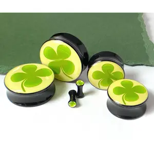 PAIR Four Leaf Clover Plugs Logo Double Flare Saddle Shamrock St. Patricks Day