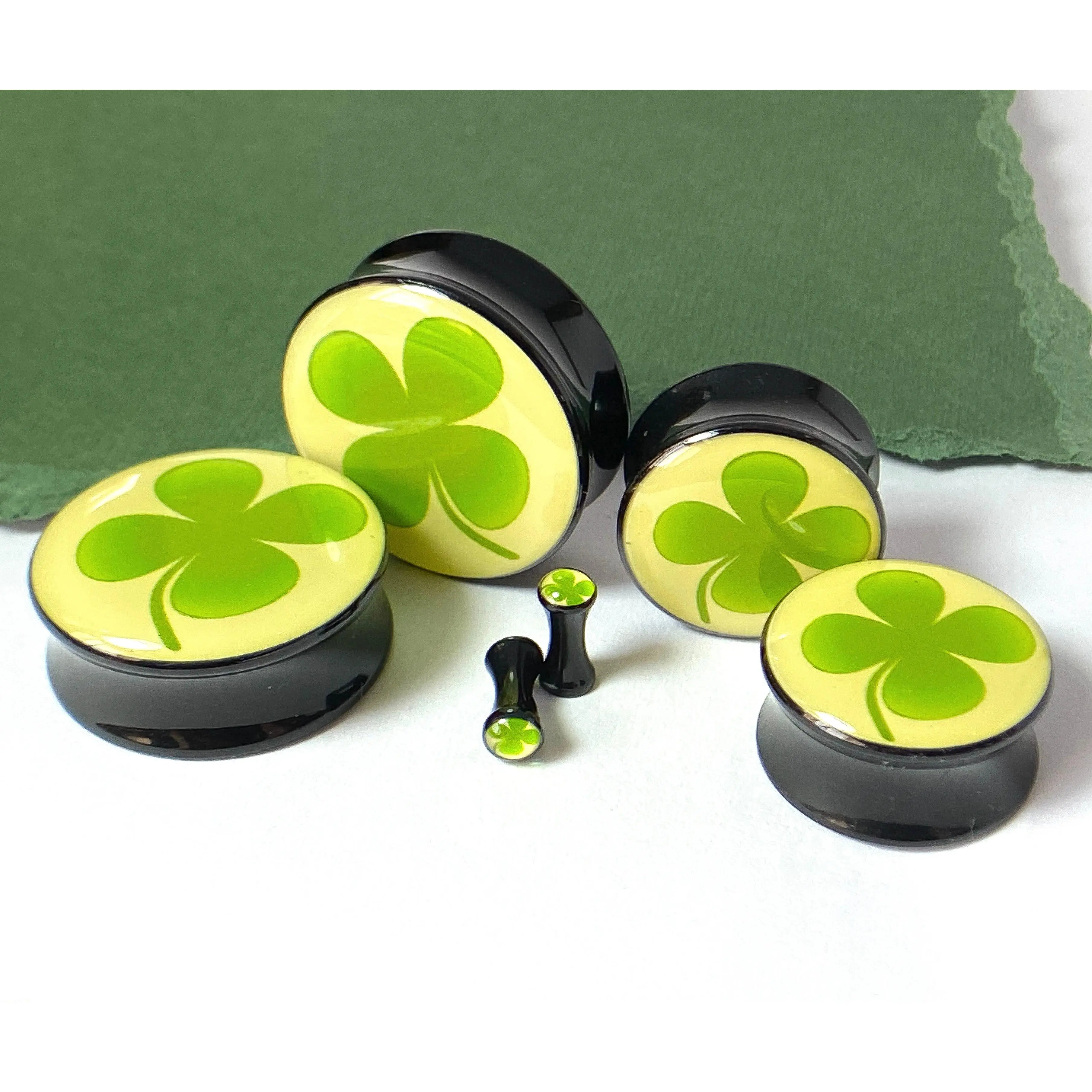 PAIR Four Leaf Clover Plugs Logo Double Flare Saddle Shamrock St. Patricks Day
