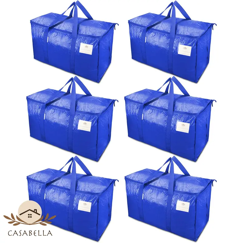 CasaBella 6 Pack 24 Gallon Extra Large Heavy Duty Foldable Moving Bags With Carrying Handles, Zippers and Tag Pocket, Outdoor Camping, water proof Organiser, moving box