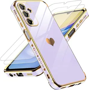 Galaxy A15 5G Phone Case: with Tempered Glass Screen Protector [2 Pcs]+ Full Camera Lens Protection, Love Heart Plating Women Cute Luxury Soft TPU Shockproof Case for Samsung A15 5G