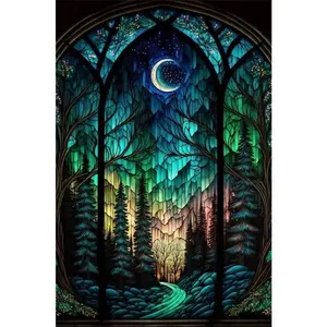 1PCS Stained Glass Forest Diamond Painting Kit Moonlit Mountain Landscape DIY Craft for Home Wall Decor