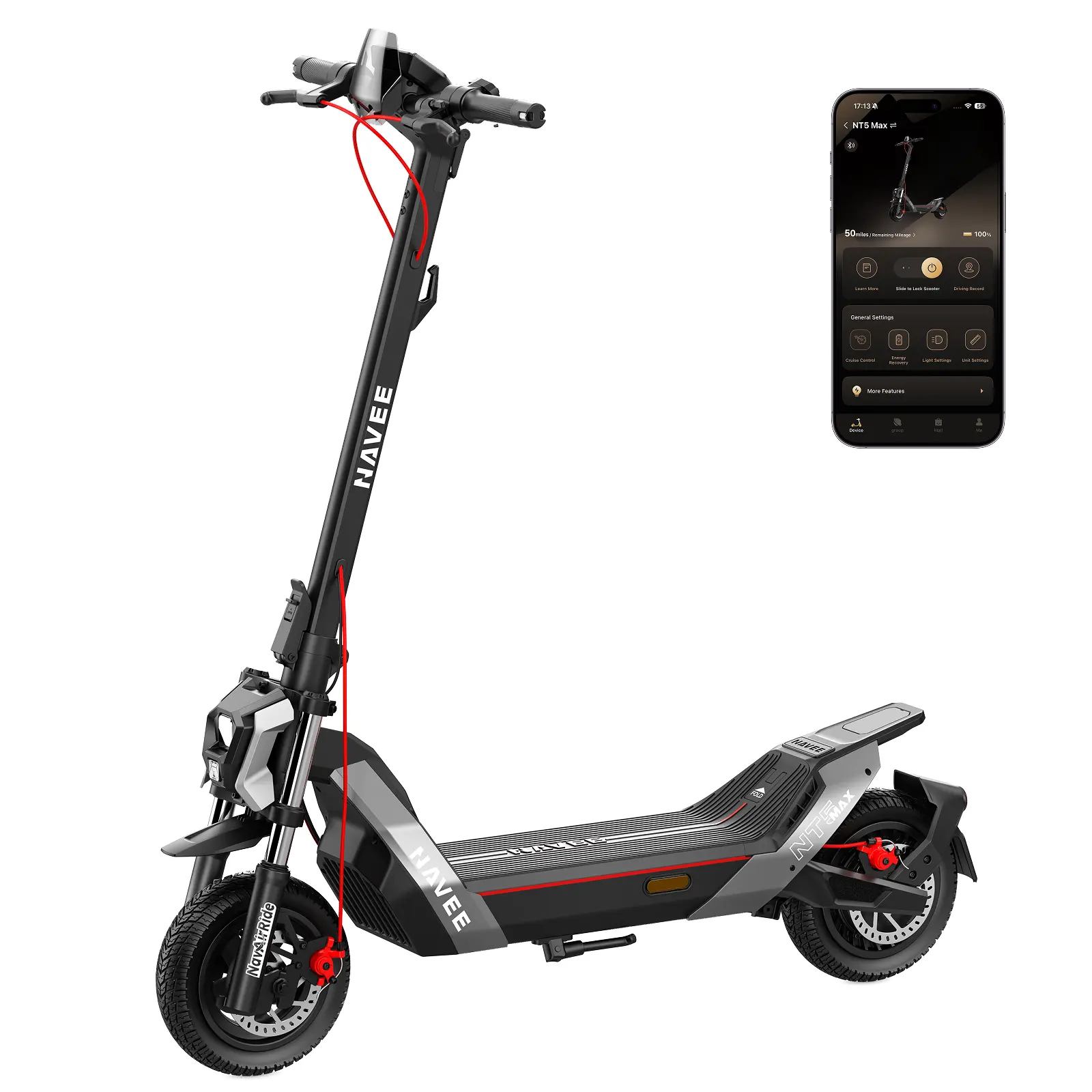 NAVEE NT5 Max Electric Scooter for Adults, 31 mph Speed, 51.6 Miles Range, 1900W Peak Motor, Dual Telescopic & Damping Arm Suspension, Dual Disc Brake, 10.5" Tubeless Tire, Off-Road E-Scooter
